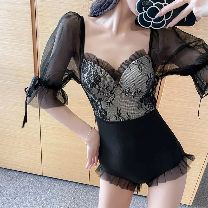 2023 New Summer Fashion Pure Lust Style Sexy Lace High Waist Cover Belly Sleeve Lace Up Beach Hot Spring Two Piece Swimwear
