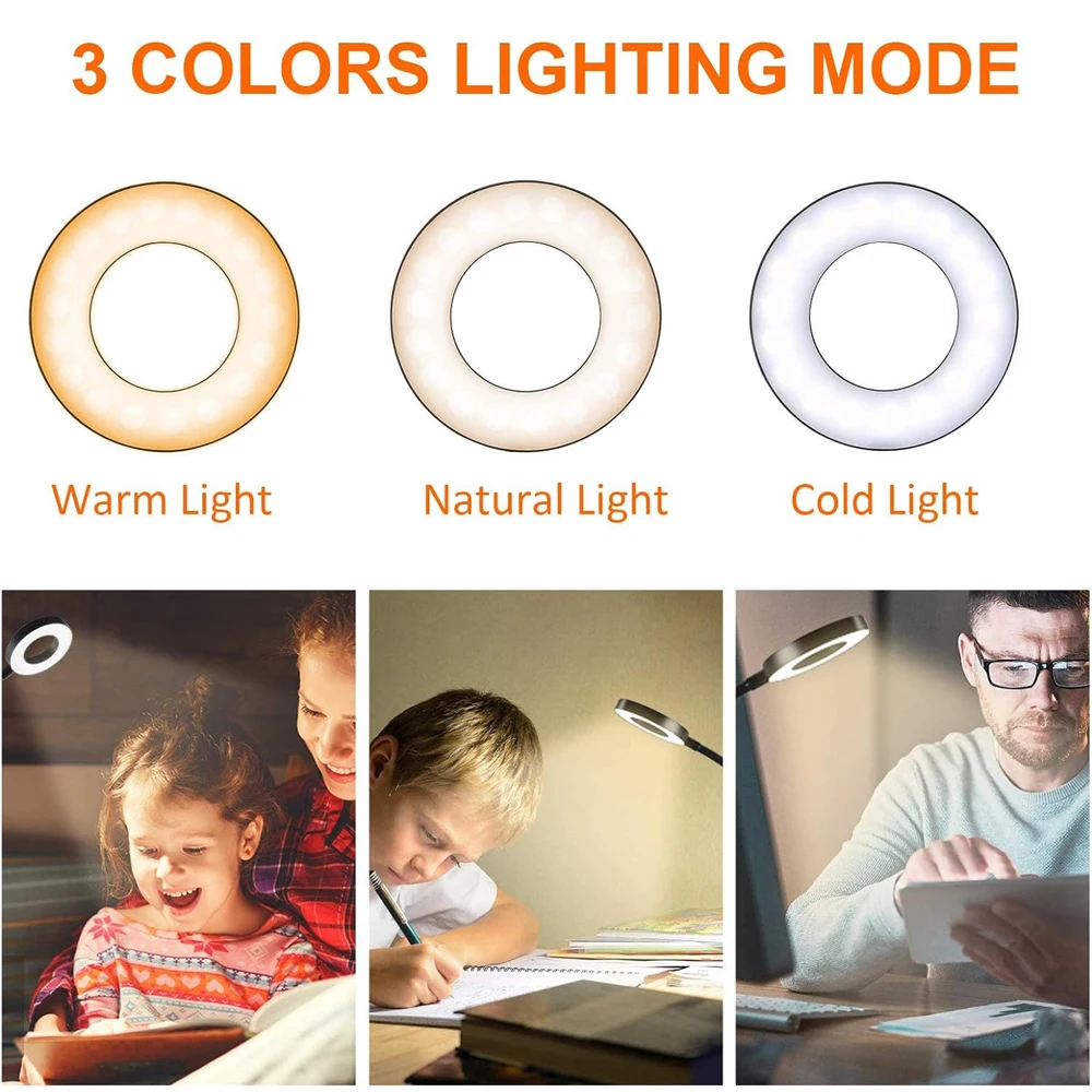 360° Flexible 48 LEDs Desk Lamp Clip USB Book Light Bedside Eye Protection Gooseneck Reading Light Brightness Adjustable 3 Level 4