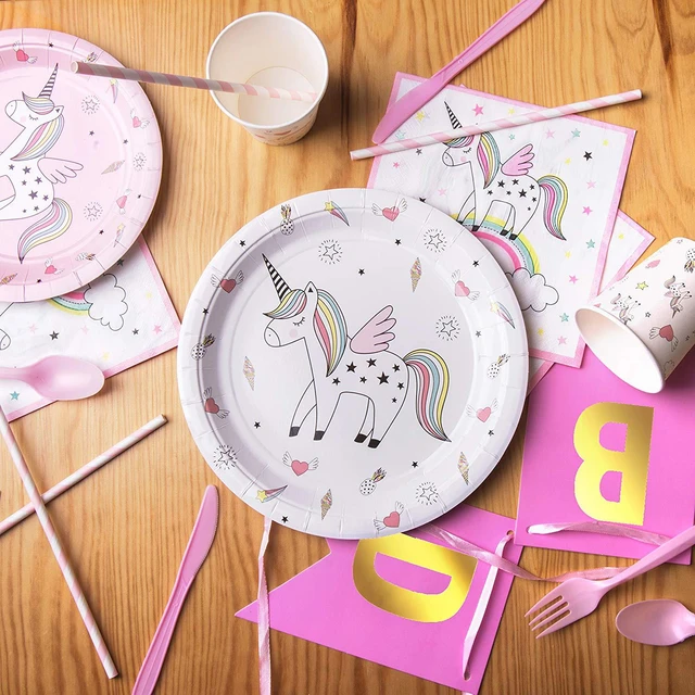 Juego de vajilla desechable de unicornio arcoíris, vasos de papel, platos,  servilletas, decoración de fiesta de primer cumpleaños, suministros para  baby shower de niños - AliExpress