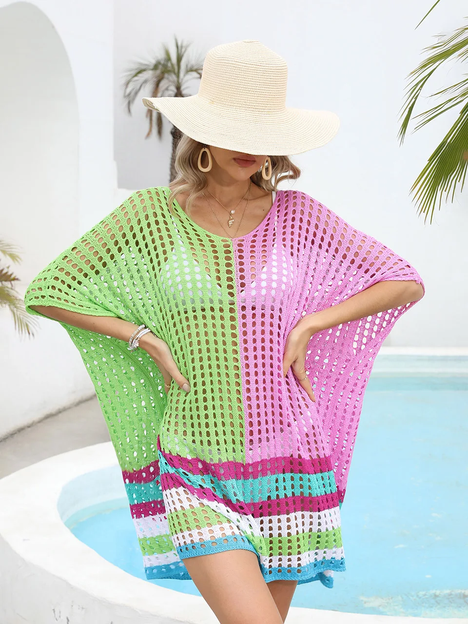 bohemian-color-block-crochet-beach-dress-for-bikini-cover-up-oversized-knit-hollow-tops-sarong-2023-women-bathing-suit-beachwear