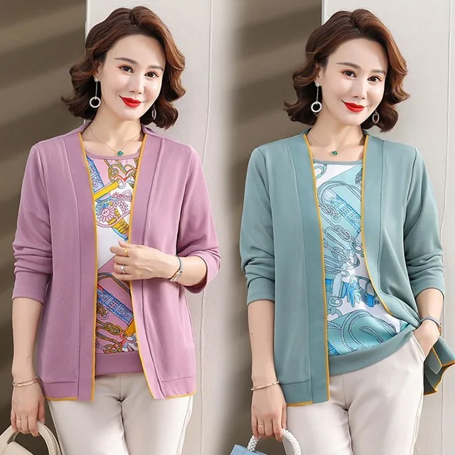 Solid Two Pieces Sets Sweater Women 2026 New  Spring Autumn Mother Sweater Pull Femm T-shirt+ Cardigans Suit Sweater For Women 6