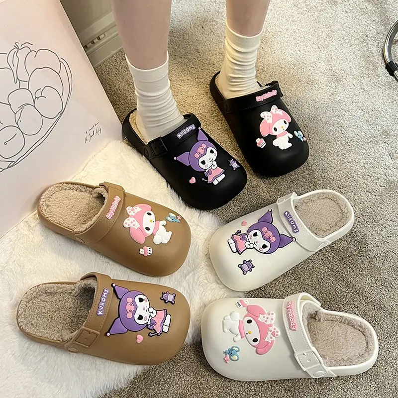 

Miniso Sanrio Women's Outer Wear 2023 Winter New Cute Head Cover Half Slippers Velvet Padded All-Matching Cotton Slippers soft