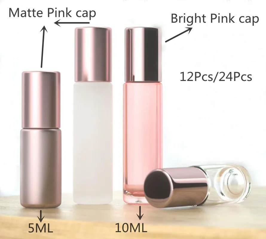 12X  24X 5ML 10ML Thick Clear Rose Gold Pink Glass Essential Oil Roll On Bottle Metal Roller Ball for Perfume Aromatherapy 12x 24x 5ml 10ml thick clear rose gold pink glass essential oil roll on bottle metal roller ball for perfume aromatherapy