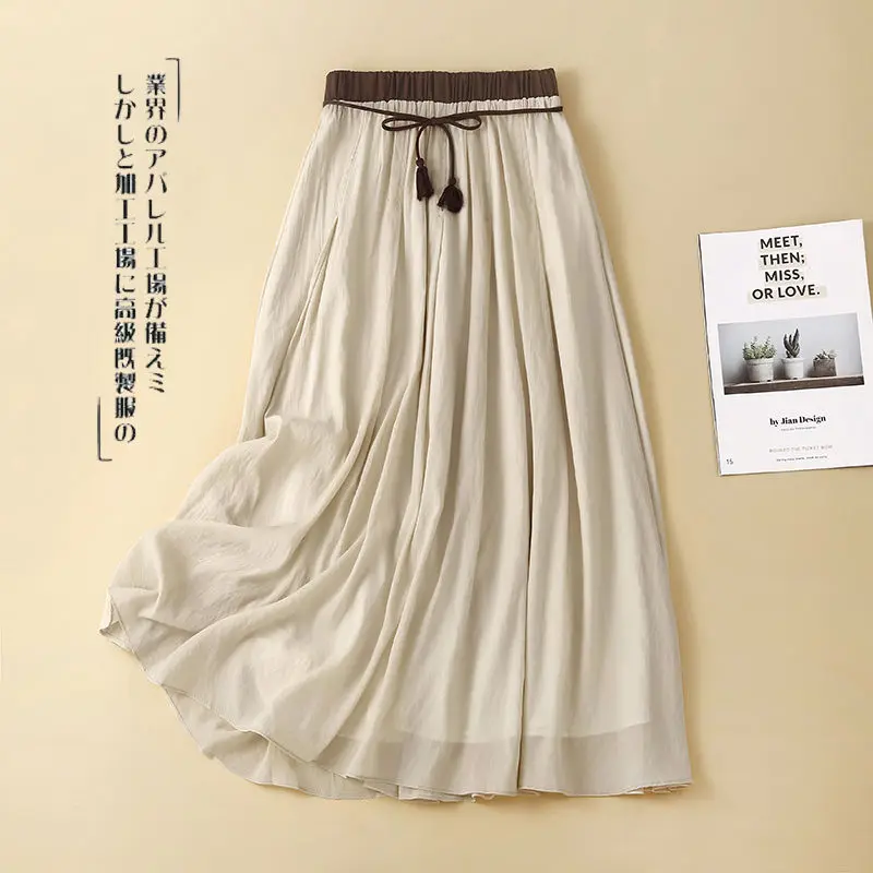 Japanese Linen Lace Up Women's 2024 Summer New Splicing New Chinese Style Mid Length A-line Fashion Solid Color Fairy Skirt