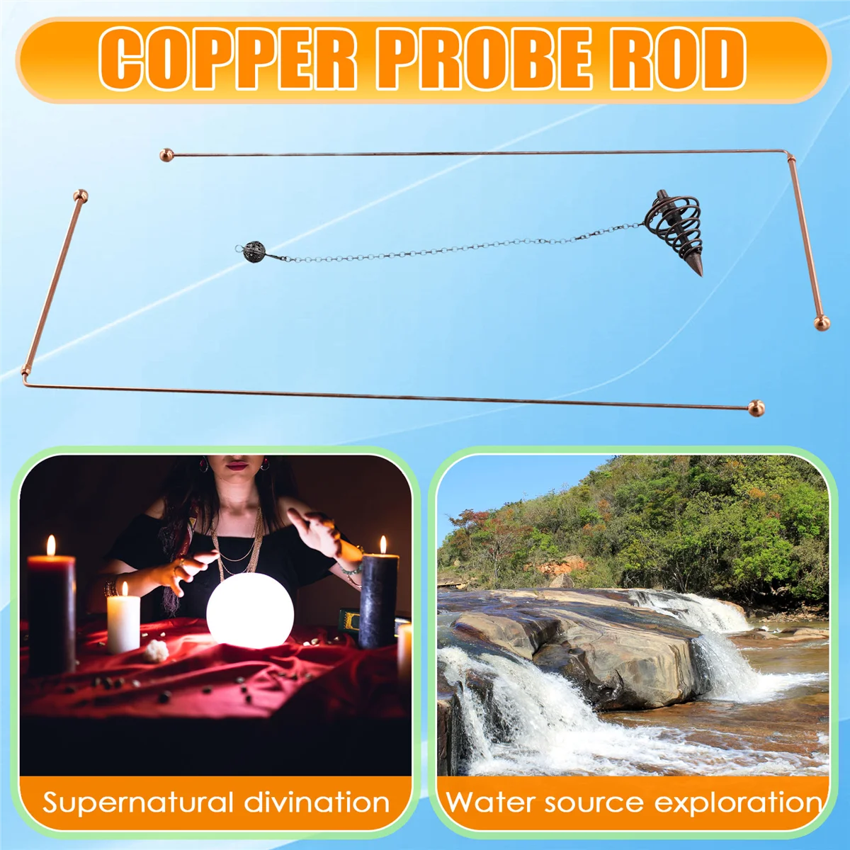 A62T-Copper Dowsing Rods-99.9% Pure Copper 2PCS Divining Rods Energy Water Witching Detector with Pendulum Pendant