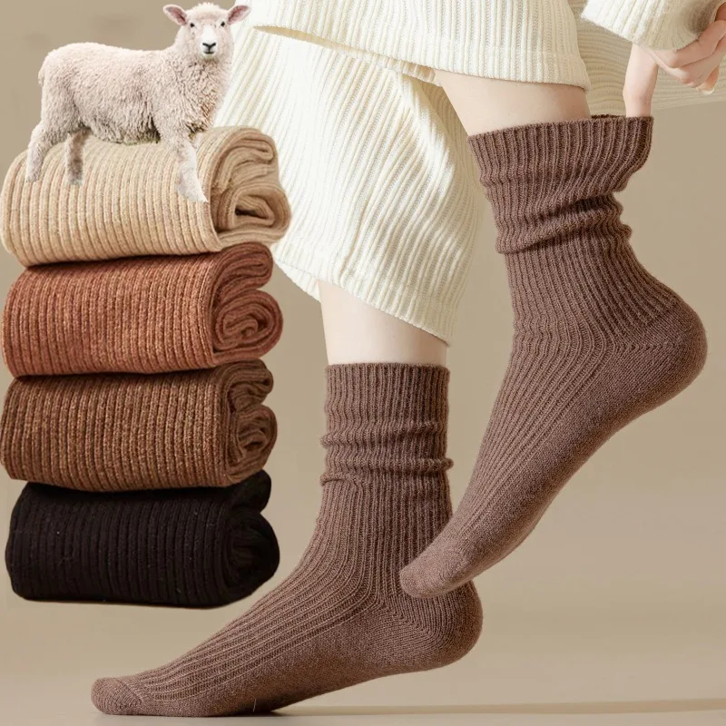 New Winter Warm Women Socks Harajuku Solid Color Thicken Cashmere Wool Middle Tube Socks Homewear Soft Comfortable Sleeping Sock 