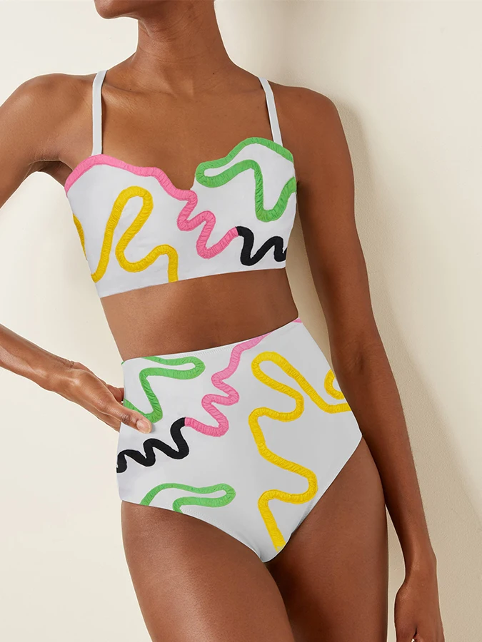 

2023 Summer New Fashion Graffiti Color Block Print Beach Vacation Ladies Design Bikini White Pink Swimsuit And Cover Up