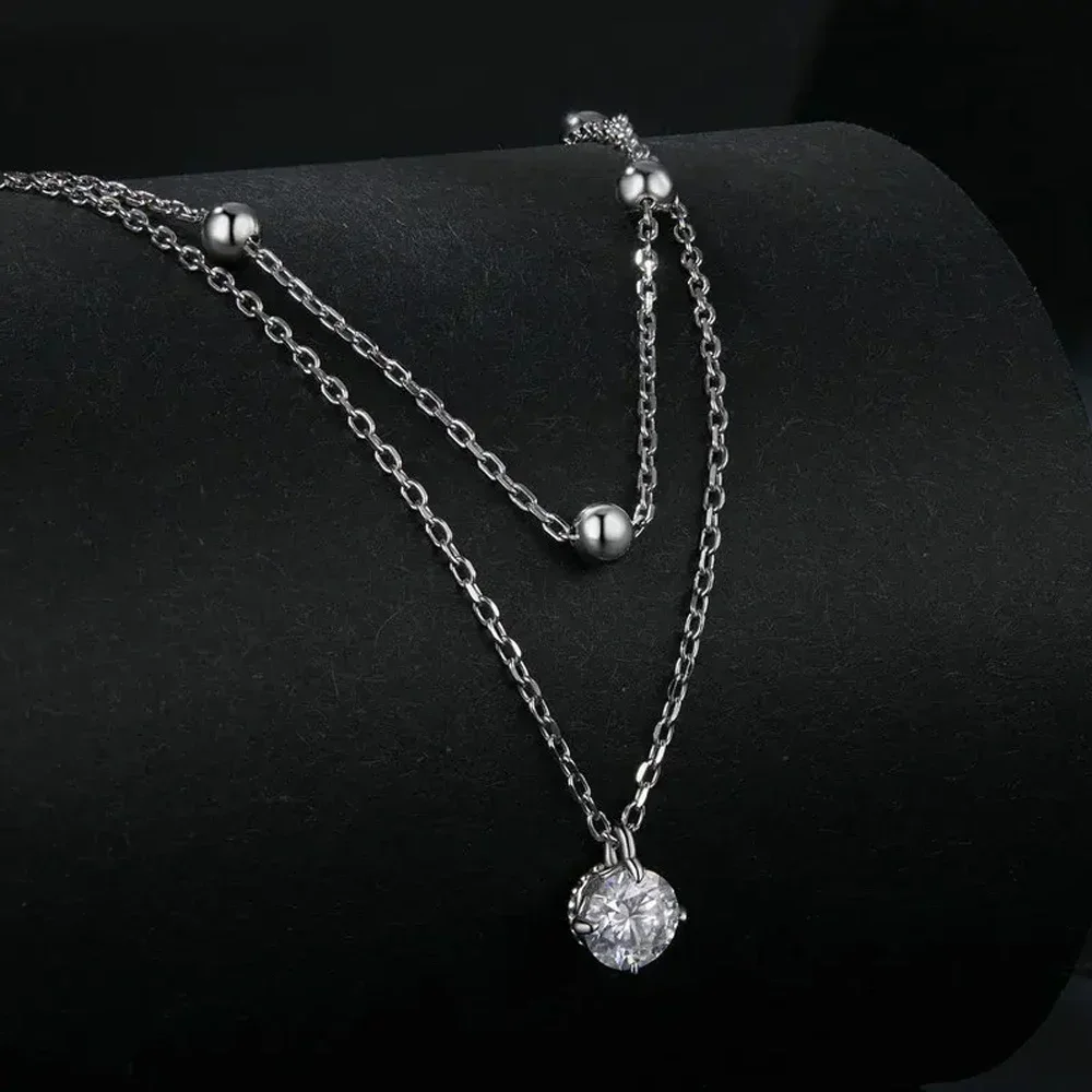 FEOBUR 5mm Certified Moissanite Pendant Layered Necklace 925 Sterling Silver for Women Double Layer Clavicle Chain Party Jewelry 3