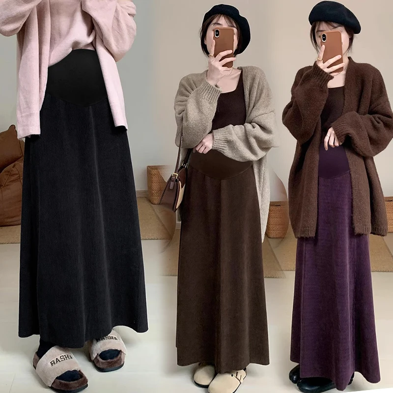 Winter Maternity Belly Skirts with Pockets Long Loose Pregnant Woman Corduroy Umbrella Skirt Floor-length Pregnancy Party Skirt
