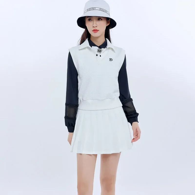 DK Golf Women's New Sleeveless Vest Slim Fit Polo Tops Warm Waistcoat Lady Pleated Short Skirt High Waist Casual Golf Skorts