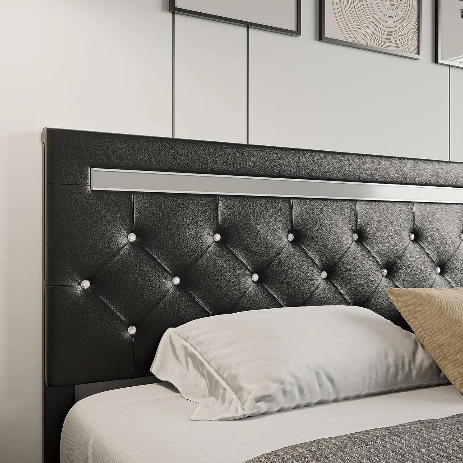 Queen Size Bed Frame with LED Lights, Upholstered Platform Bed Frame, Adjustable Headboard with Charging Station, Wooden Slats