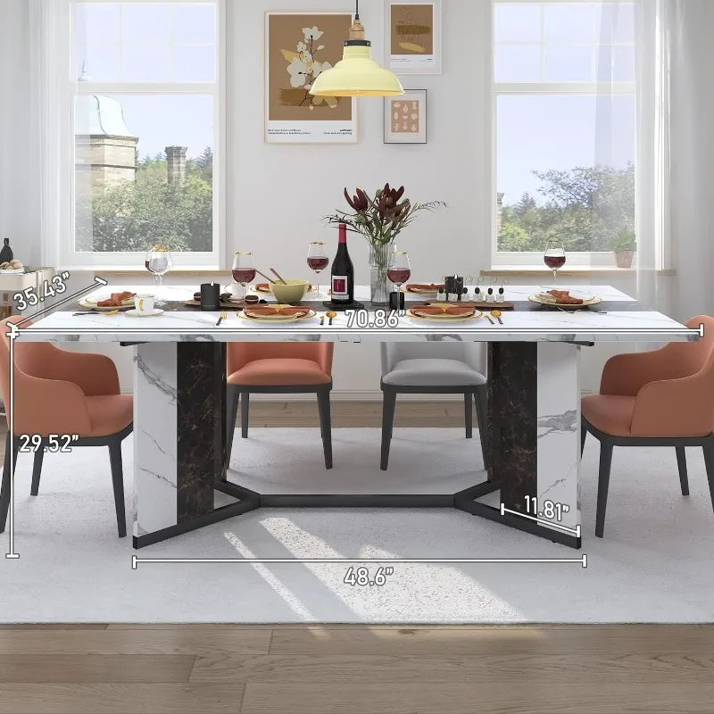 71In Large Rectangular White Dining Table for 4 5 6 7 8 People w/35 Marble-Color Wood Watrproof Tabletop,Adjustable Leg 2
