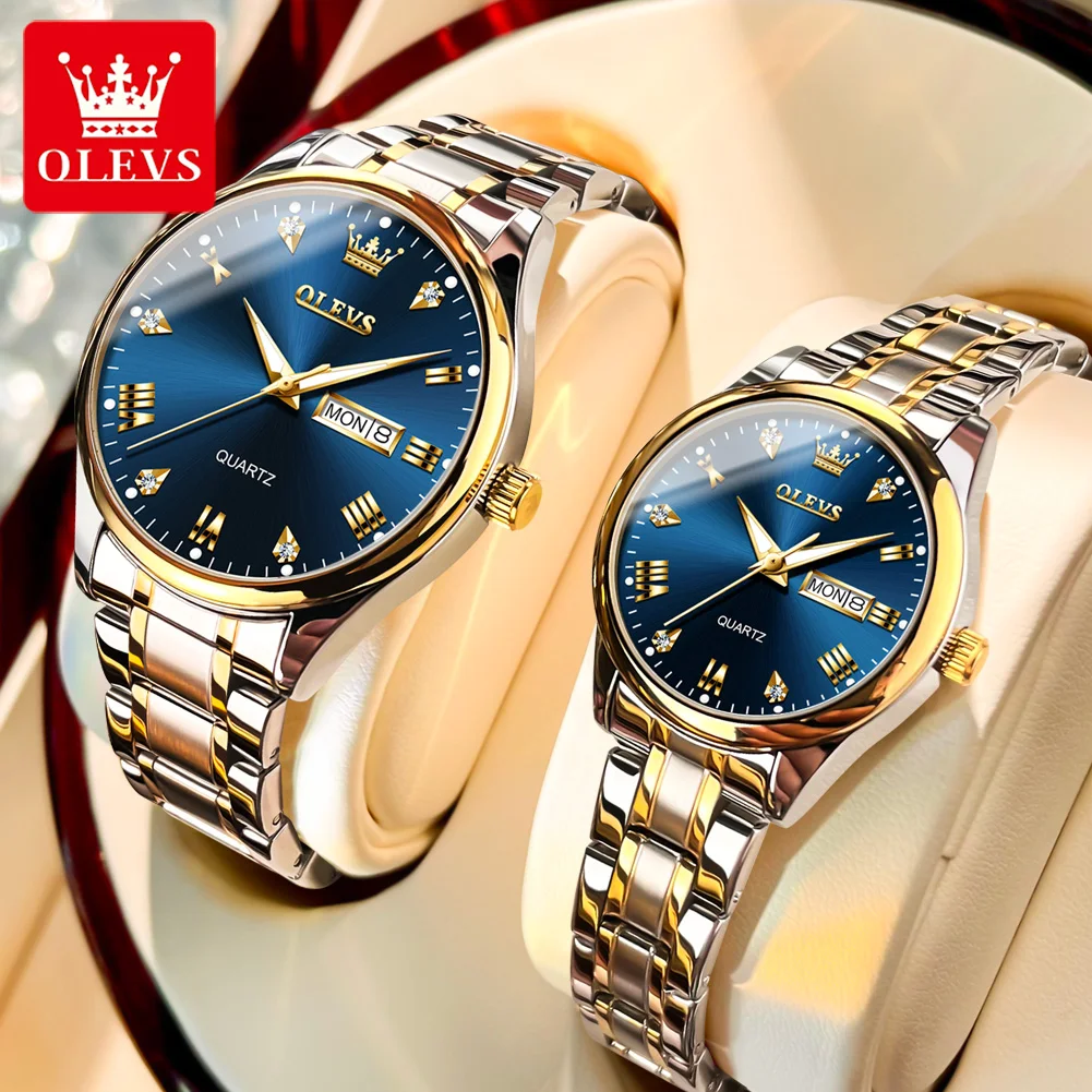 OLEVS Couple Watch for Women Men Quartz Watch Double Calendar Clock Waterproof Ladies Wrist Watches for Lover's Gift His or Hers