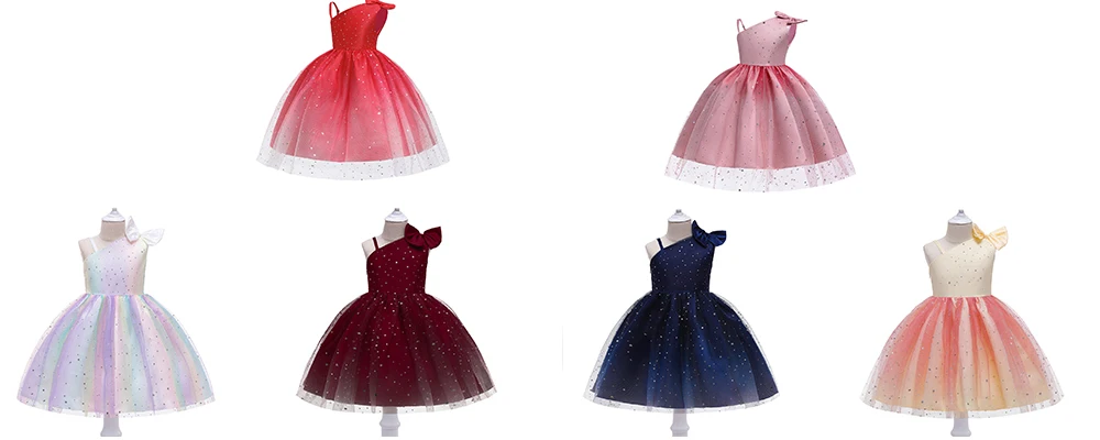 Flauschige Stern Pailletten schräge Schulter Mädchen Kleid elegante Prinzessin Party Hochzeit Brautjungfer Kleid Geburtstag Mädchen Kleidung Sommer Kleid – Detail 2