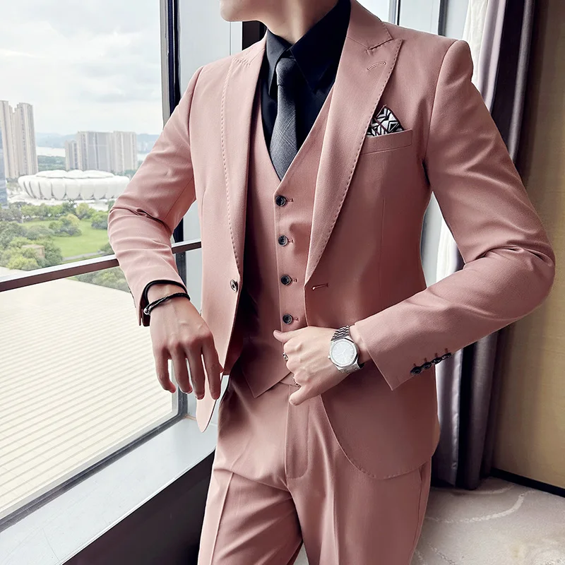 

(Jackets+Vest+Pants)Men Pink Suits/Men Spring High Quality Groom's Wedding Dress/Male Slim Fit Fashion Casual Tuxedo Men Blazers