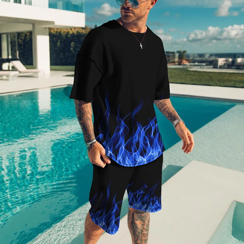 T-shirts Set For Man Summer Fashion 3D Printed Suit Flame Pattern Oversized Suit Casual Breathable Tracksuit Vintage Sportswear