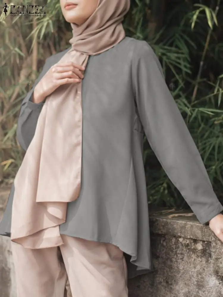 

Muslim Fashion Blouse ZANZEA Women Vintage Long Sleev Shirt Casual Solid Color Tops Work Blusas Ramadan Abaya Islamic Clothing