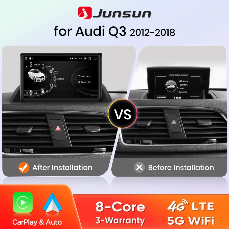 Junsun Radio de coche inalámbrico Carplay Android Auto reproductor Multimedia para Audi Q3 2012-2018 4G WiFi LTE pantalla táctil navegación GPS 1