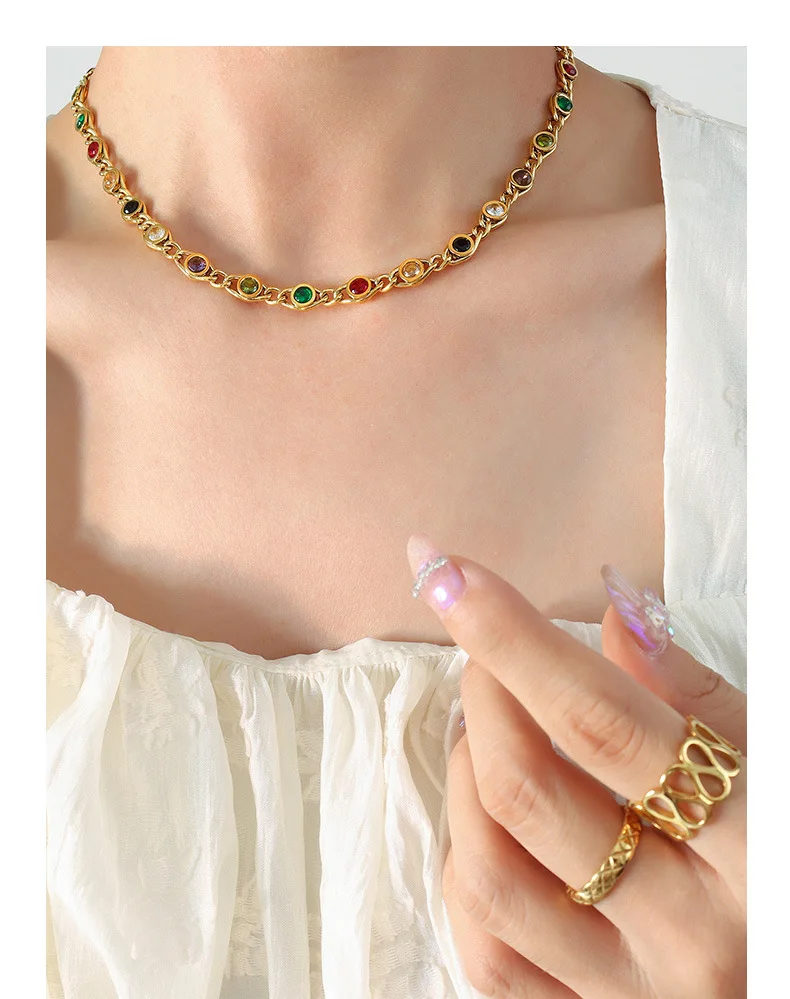 Fashion Colorful Zircon Necklace Bracelet Fashion Niche Fish Eye Stitch Chain Jewelry Set Accessories