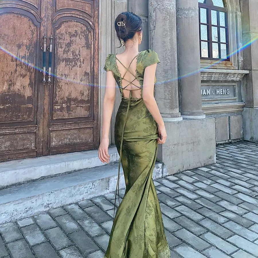 V-neck Satin Jacquard Dress 