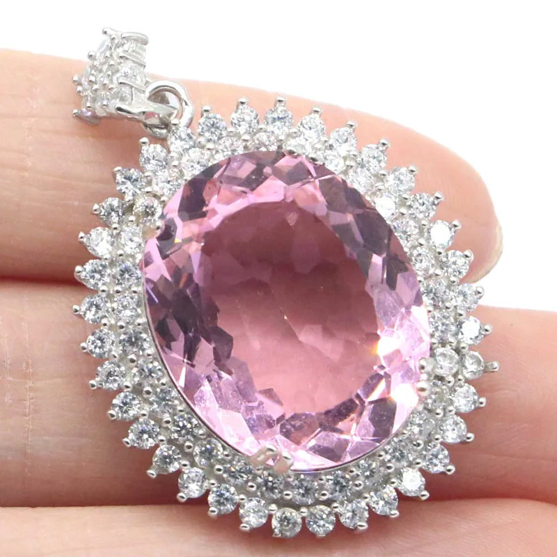 

39x27mm Jazaz Big Gemstone 13g Pink Kunzite Women Dating Present 100% Real 925 Solid Sterling Silver Pendant