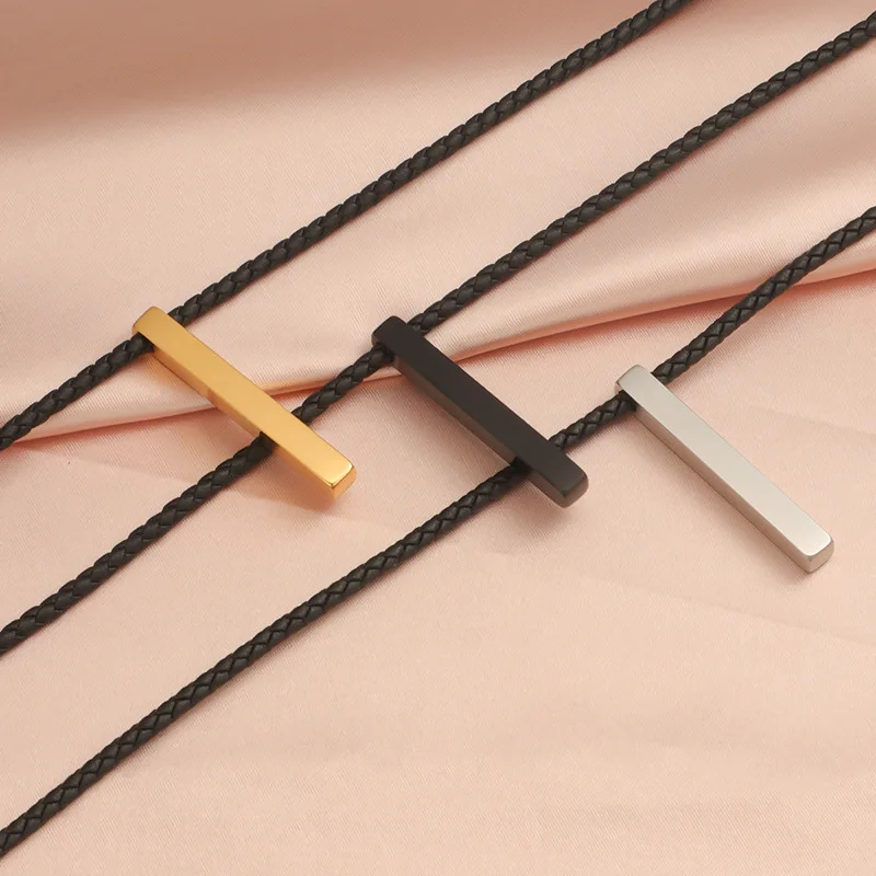 Stainless Steel Black PU Leather Chain With Bar Pendant Blank For Engrave Necklace For Women Men Metal Rectangle Tag Necklace