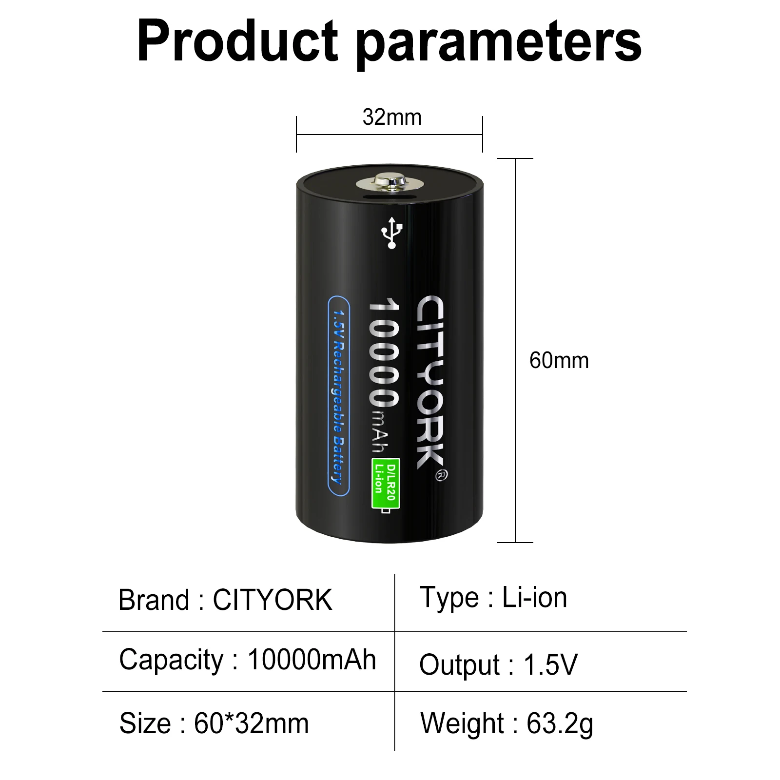 CITYORK D Size LR20 Rechargeable Battery 1.5V USB Charging Lithium Ion  Batteries D Cell For Gas stove flashlight Water Heater