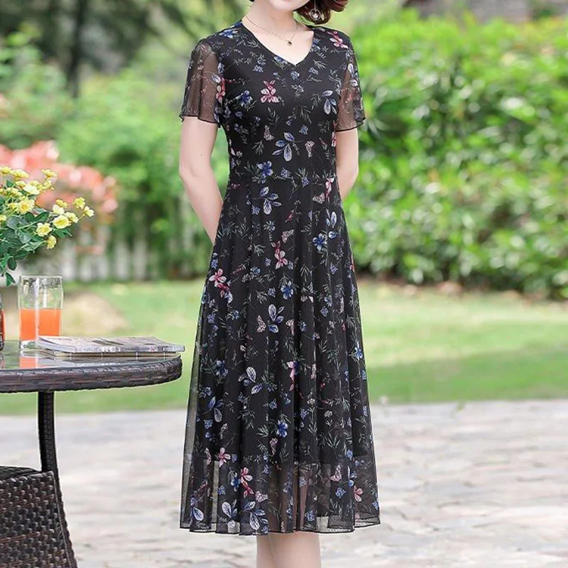 

Elegant Chiffon V-Neck Small Floral Print Summer Clothes for Women Perspective Elastic Mesh Short Sleeve Casual Mid-Calf Dresses