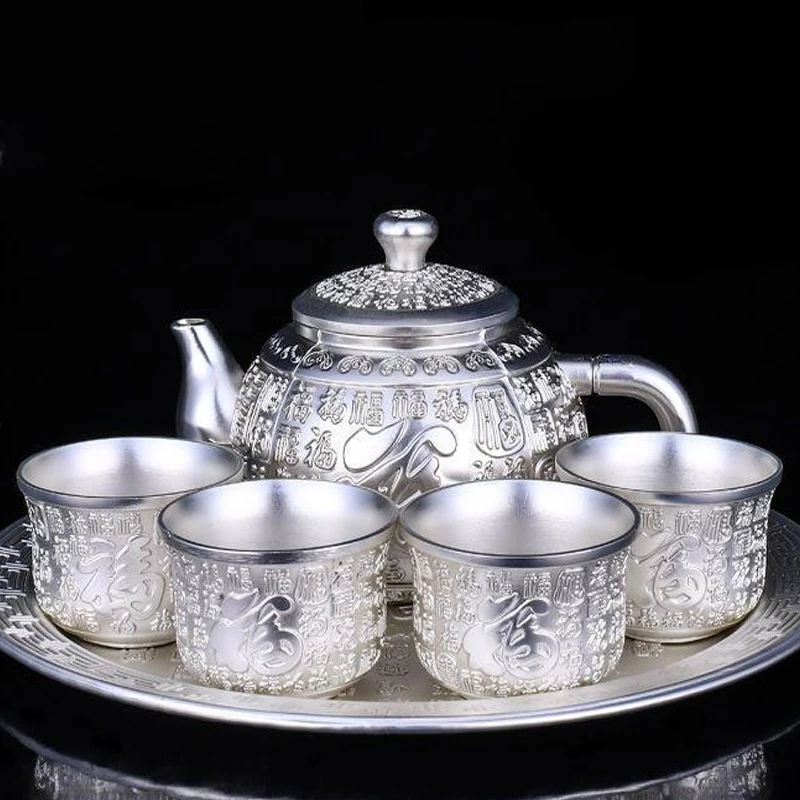 

Sterling silver tea set new Baifu 999 sterling silver tea set foot silver wine set 1 plate 1 Pot 4 cups kung fu tea set Chinese