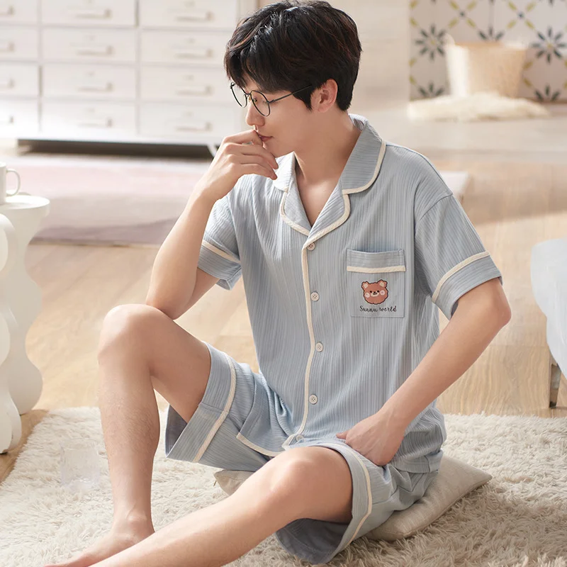 Men's summer pajamas, short sleeved shorts, cotton cardigan, collar, cartoon loose fit, plus size youth home suit set_voghion.com