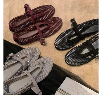 2026 European and American Spring New Women's Ballet Flats with Fishnet Hollow Mary Jane Shoes 1