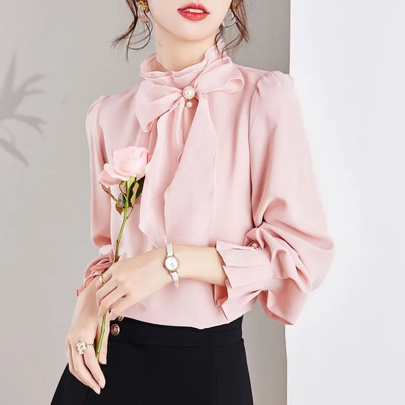 Women's Clothing Commute Stand Collar Bow Blouse Basic Solid Color Spring New Fashion Three-dimensional Decoration Ruffles Shirt