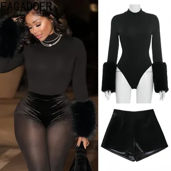 FAGADOER Winter New Sexy Fur Patchwork 2 Pieces Set for Woman Outfits Long Sleeves Bodycon Playsuits + Shorts Female Streetwear 1