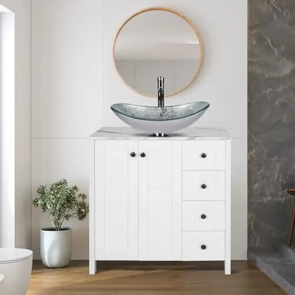 32" Traditional Bathroom Vanity Set White Eco-MDF Wood with Marble Texture Top 4 Drawers Silver Boat Glass Sink Elegance and