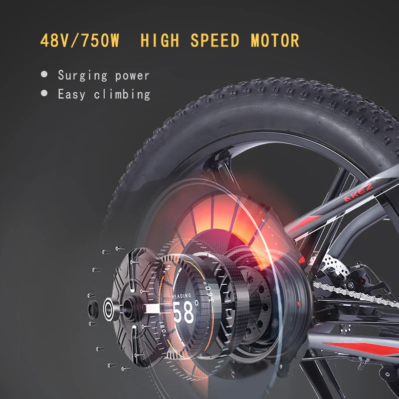 Akez Land Cruiser 48V10AH750W Power Bike 27 Fat Snow Crossing Road Bike 26*4.0-inch Fat Tires Aluminum Mountain