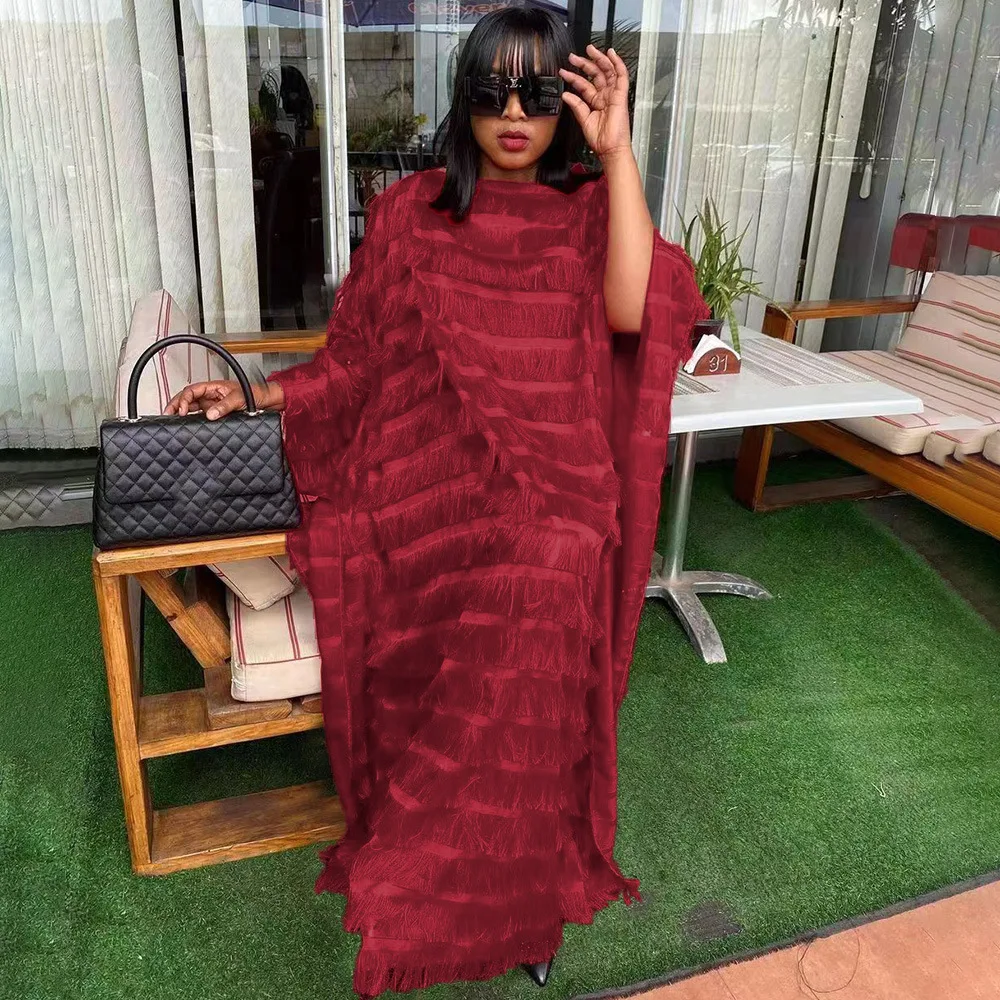 

Femme Chic Africa Dress Women for Evening Party Fluffy Tassel Traditional Clothing Oversize African Dashiki Robe Long Maxi Dress