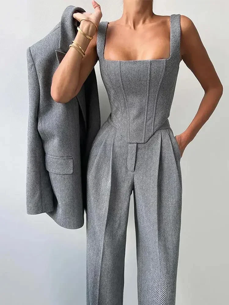 Fishbone Top Blazer Pants Sets 3 Pieces For Women Solid One Button Jacket Crop Tops High Waist Pocket Pant 2025 Lady Office Set 3