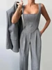 Fishbone Top Blazer Pants Sets 3 Pieces For Women Solid One Button Jacket Crop Tops High Waist Pocket Pant 2025 Lady Office Set 3