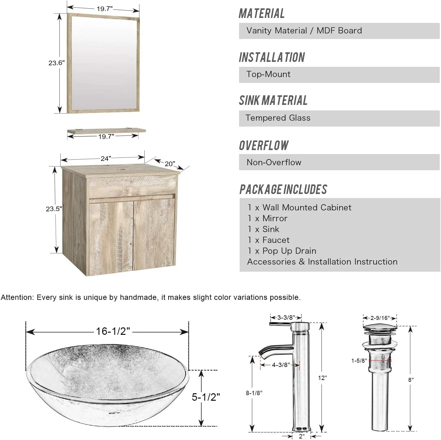 24" Bathroom Vanity Sink Combo Wall Mounted Natural Cabinet Vanity Set Brown Round Tempered Glass Vessel Sink Top, W/ORB Faucet 3