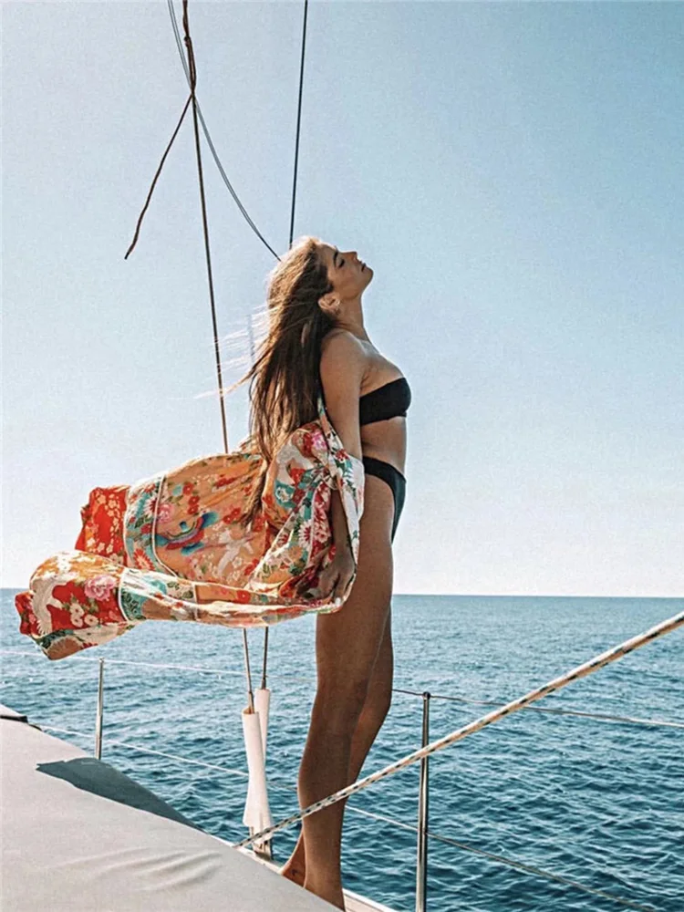 Vintage Print Floral Beach Cover Up Summer Swimwear Bikini Outerwear