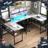 U Shaped Computer Desk with Power Outlet and LED Strip, Reversible L Shaped Office Desk with Monitor Stand and Bookshelf 1