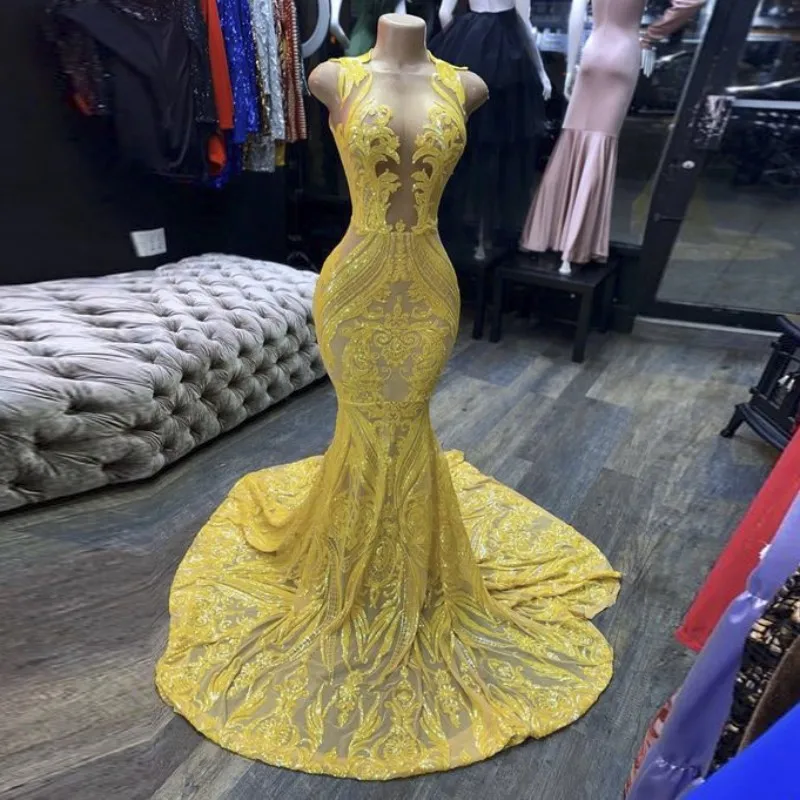 vintage prom dresses African Yellow Sequined Prom Dresses 2022 Sexy Sheer O-Neck Mermaid Black Girls Prom Party Gowns Plus Size New beautiful prom dresses