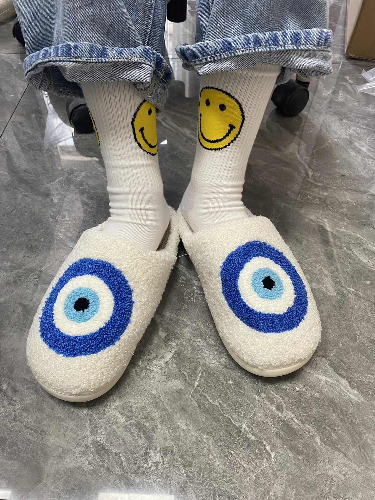 AD Best Selling Blue Evil Eyes Fashion Pattern Retro Nice Cute Soft Warm Winter Slippers For Unisex 6