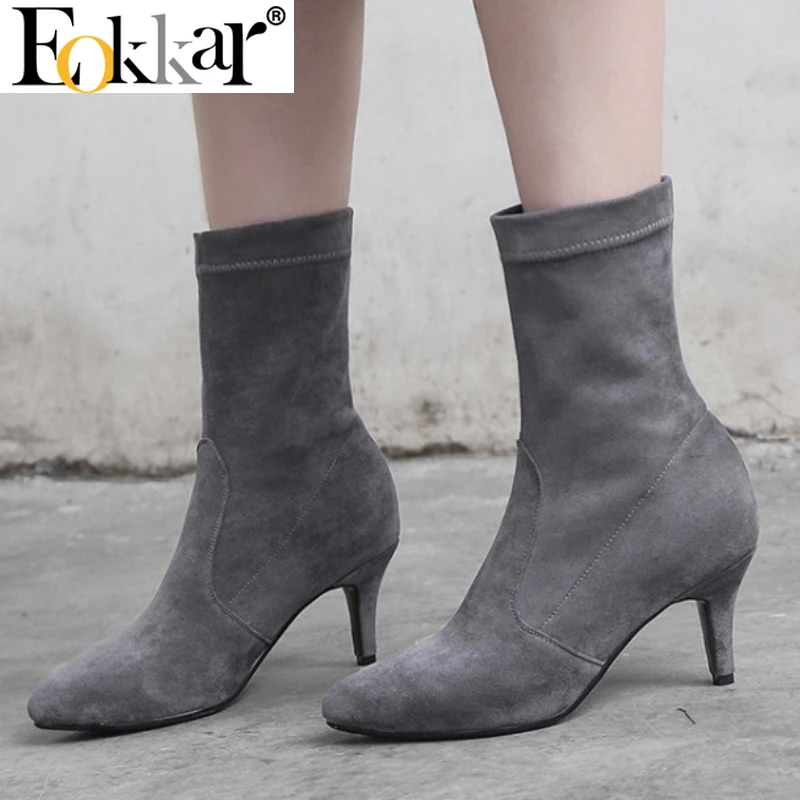 

Eokkar 2022 Kitten Heel Pointed Toe Ankle Boots Stretch Black Size 43 Low Heel Ankle Booties All Match Dress Winter Boots