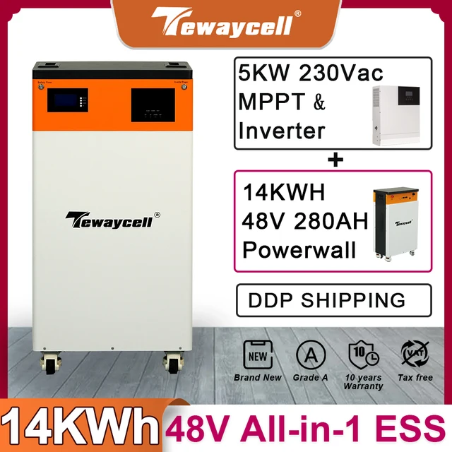 Tewaycell 48V 280Ah Powerwall 14KW LiFePO4 batterie au Lithium intégré 5kw onduleur MPPT ESS système d'énergie solaire domestique ue noTax 1