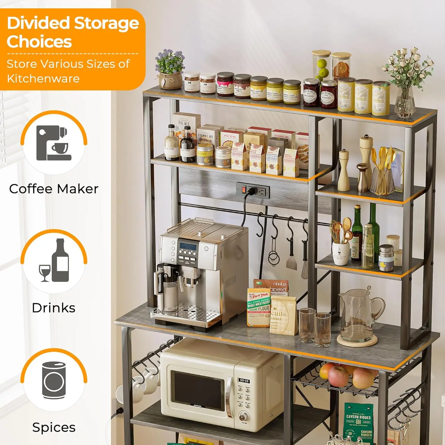 Bakers Rack with Power Outlets, 6-Tier Microwave Stand, Coffee Bar with 12 S-Shaped Hooks, Kitchen Shelf Wi