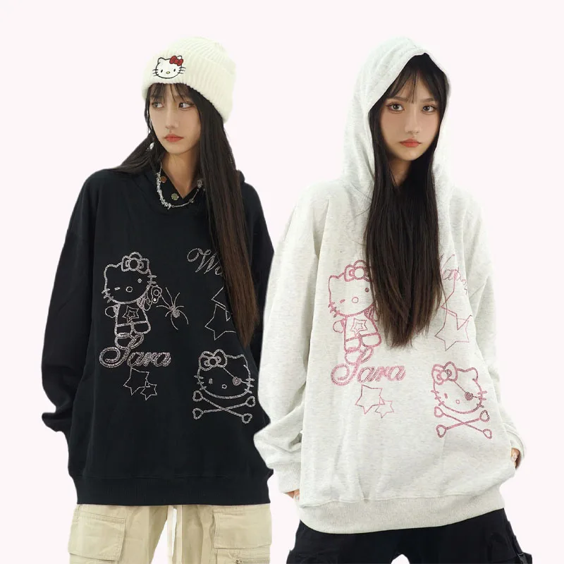 

Толстовка Hellokittyed с мультяшным рисунком, Осень-зима, милая горячая девушка, Горячая модная парная свободная толстовка с капюшоном со стразами для ленивых студентов, Черная