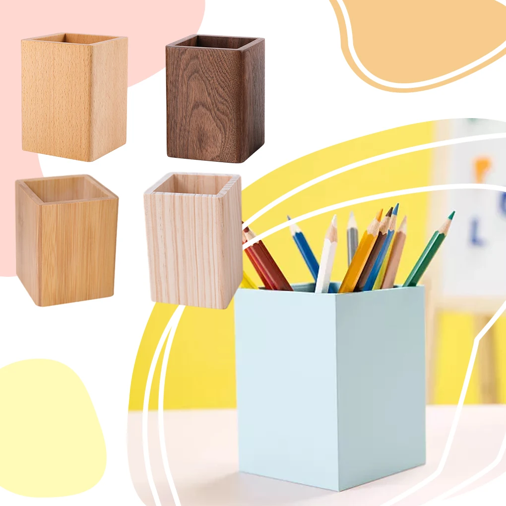 Wooden Stationery Organizer Square Pen Holder Desk Decoration Stationery Brushes Offices