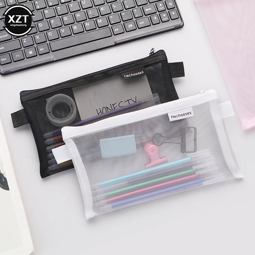 

1PC Simple Transparent Mesh Pen Pencil Bag Storage Case Student Exam Special Portable Pen Bag Large-capacity Stationery Bag