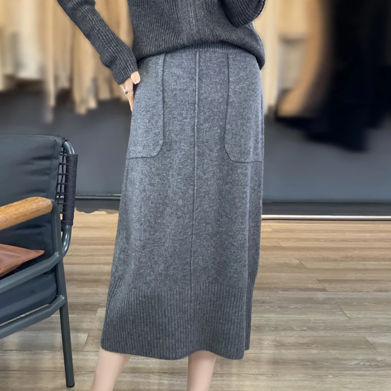 Knitted Cashmere Skirt for Women, Double Pocket, 100% Pure Wool, Commuter Joker, Straight Skirt, Autumn and Winter, New 4